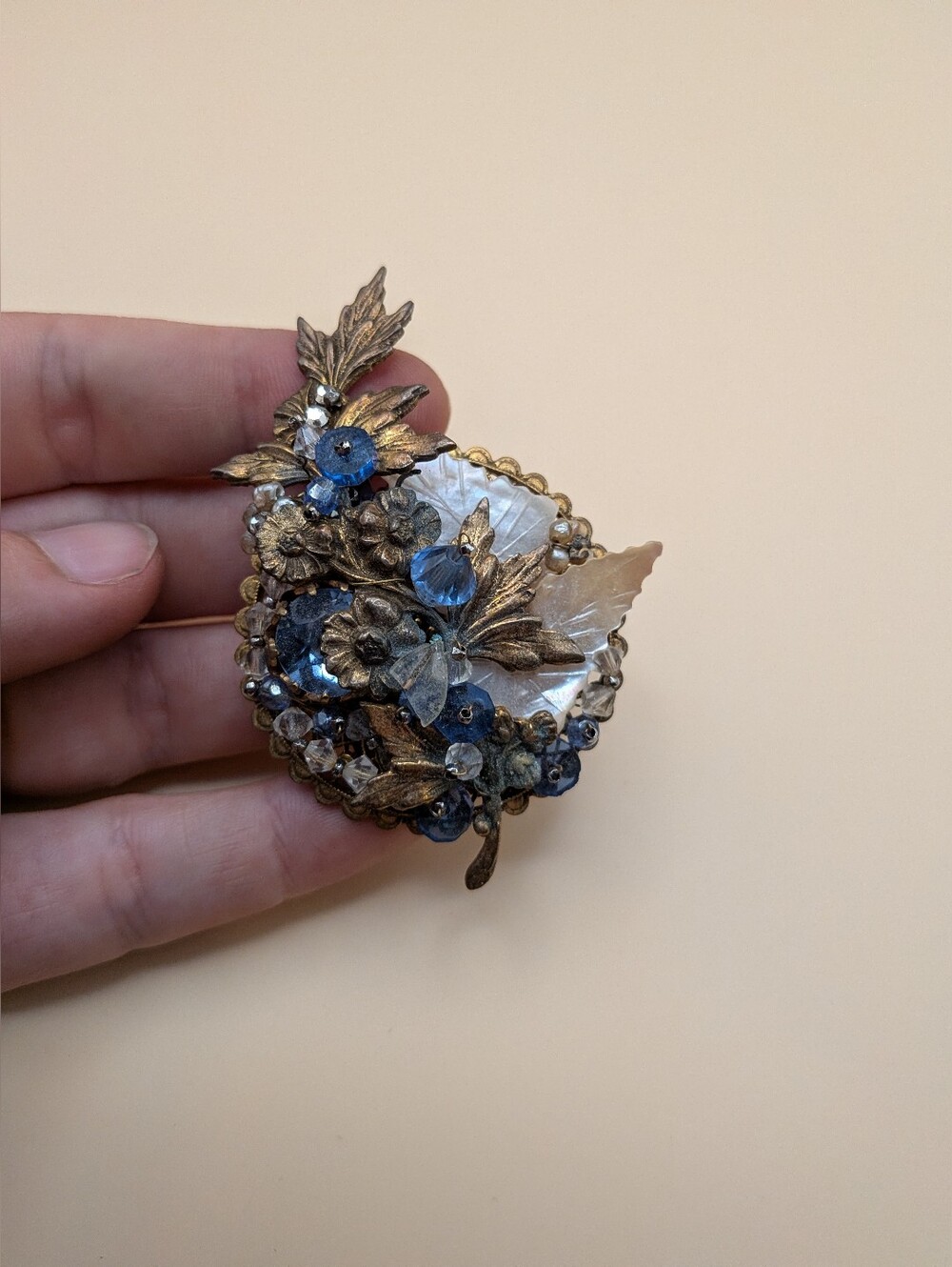 Vintage Haskell Style Floral Wired Handmade Beaded Floral Brooch Brass Colored